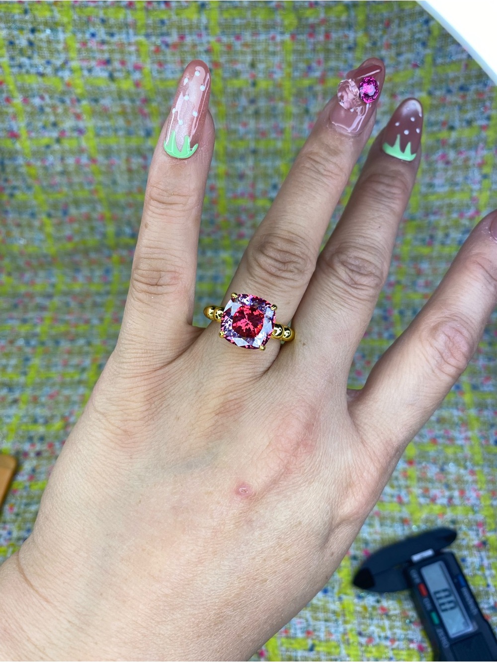 Gold Ring with Pink Moissanite Cushion-Cut diamond open size 5-13